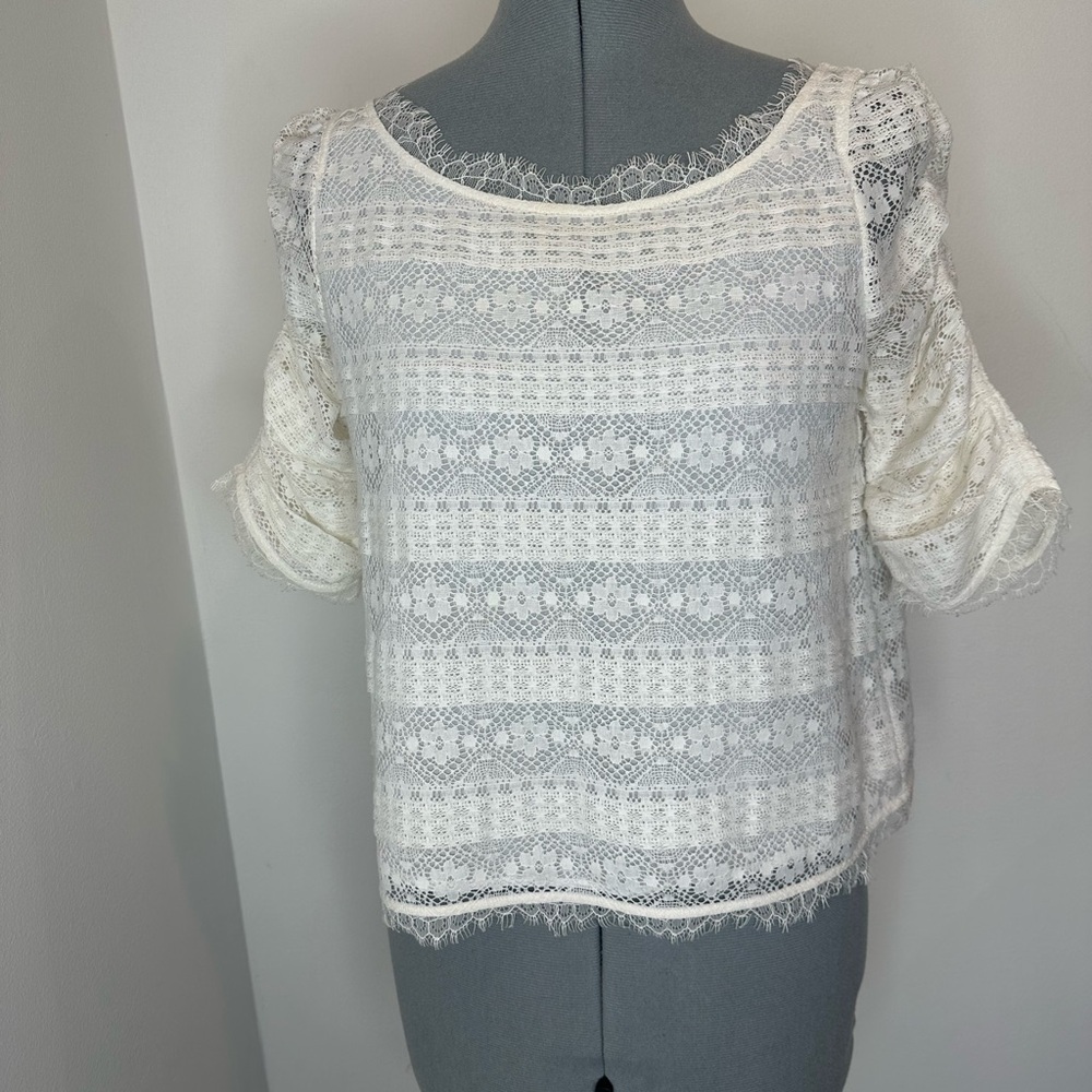 JOIE Fanny Lace Ruched Sleeve Ivory Cream Blouse Top